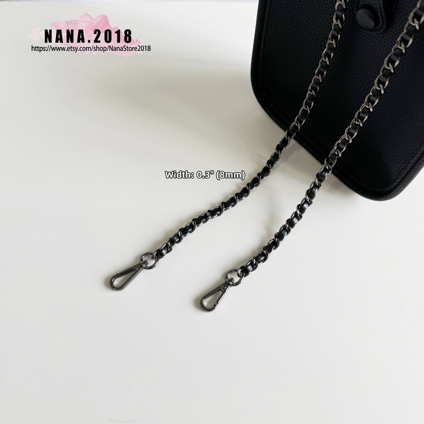 8mm Gun black Plated High Quality Purse Chain,Alloy and Leather, Metal Shoulder Handbag Strap,Bag Strap, Bag Accessories, Detachable,JD-1549