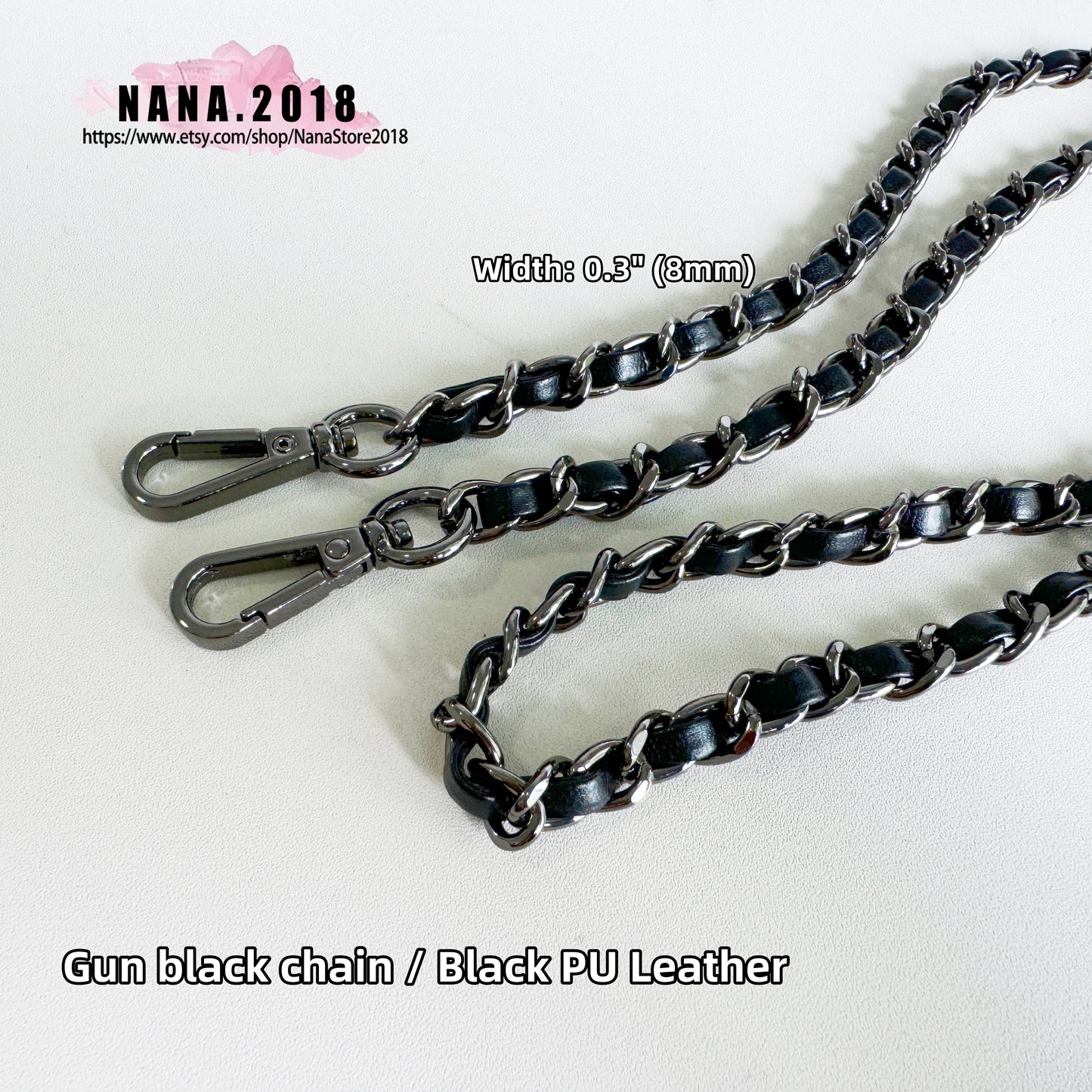 8mm Gun black Plated High Quality Purse Chain,Alloy and Leather, Metal Shoulder Handbag Strap,Bag Strap, Bag Accessories, Detachable,JD-1549