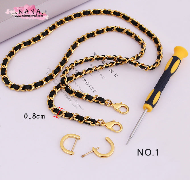 8mm 24K Gold Plated High Quality Purse Chain,Copper and Caviar Leather, Metal Shoulder Handbag Strap,Bag Accessories, JD-1729