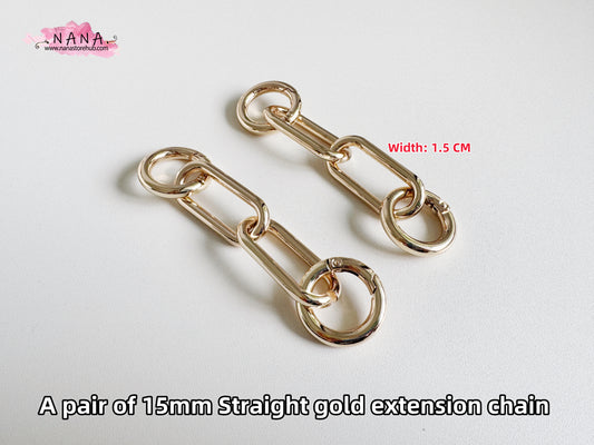 A pair of 15mm Straight Gold High Quality Purse Extension Chain, Metal Shoulder Extension Handbag Strap,Bag Strap, Bag Accessories, JD-3256