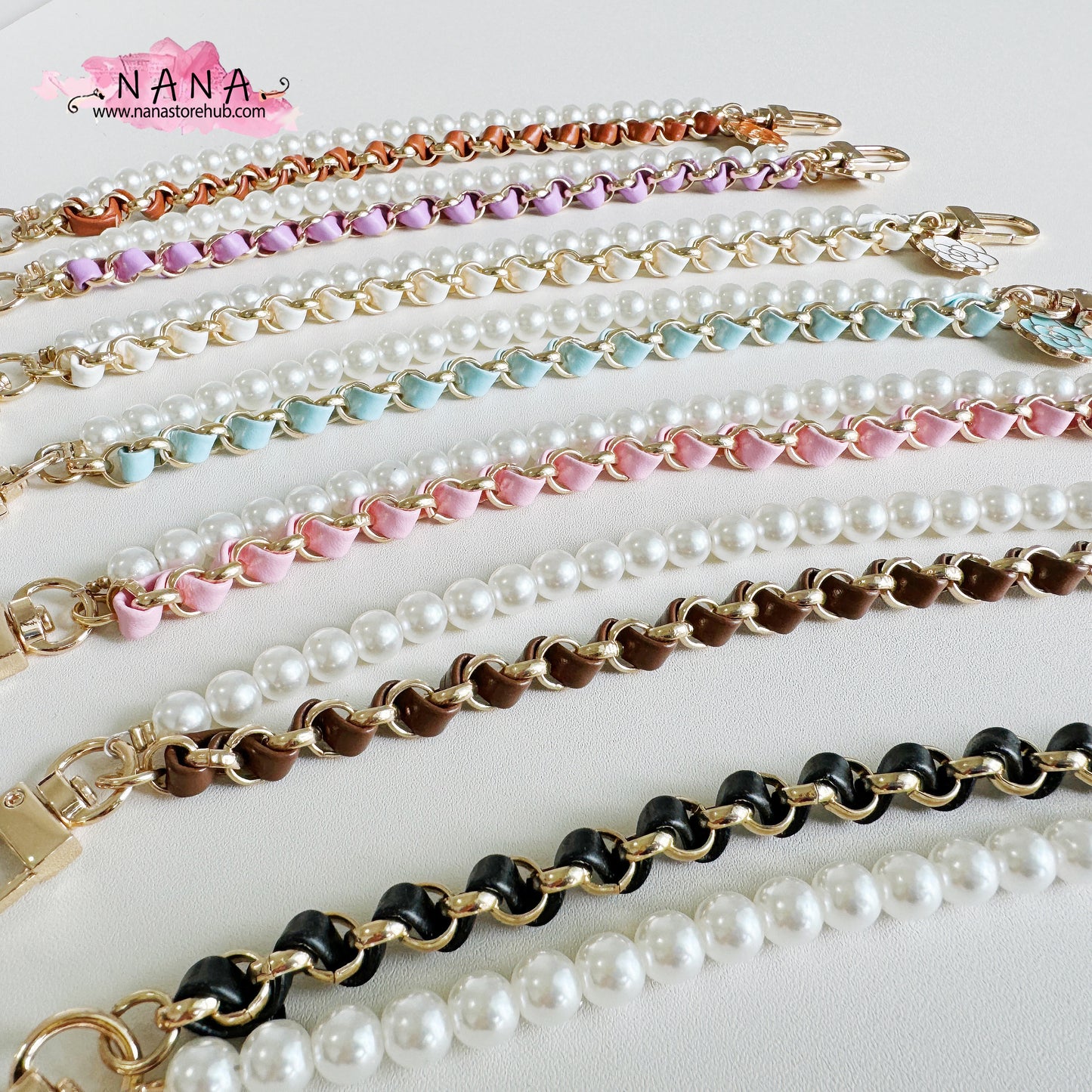 Pearl High Quality Purse Chain,Alloy and PU Leather, Metal Shoulder Handbag Strap, Bag Strap, Bag Accessories, JD-3849