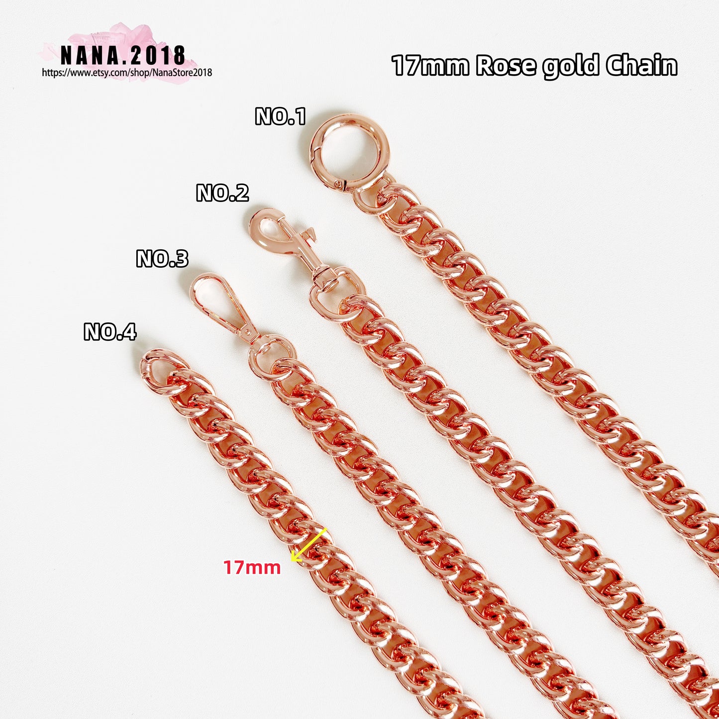 17MM, Rose gold High Quality Purse Chain, Metal Shoulder Handbag Strap, Replacement Handle Chain, Metal Crossbody Bag Chain Strap,JD-3857