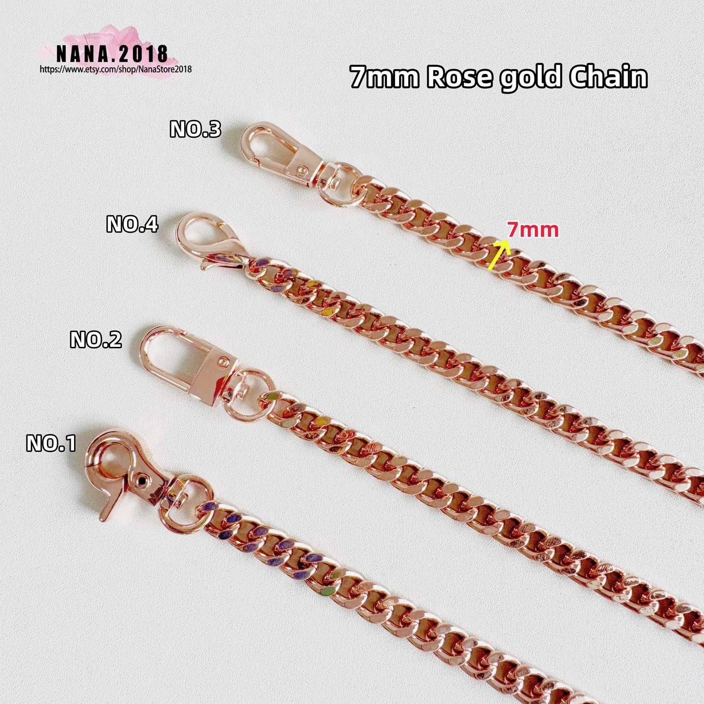 7MM, Rose gold High Quality Purse Chain, Metal Shoulder Handbag Strap, Replacement Handle Chain, Metal Crossbody Bag Chain Strap,JD-3858