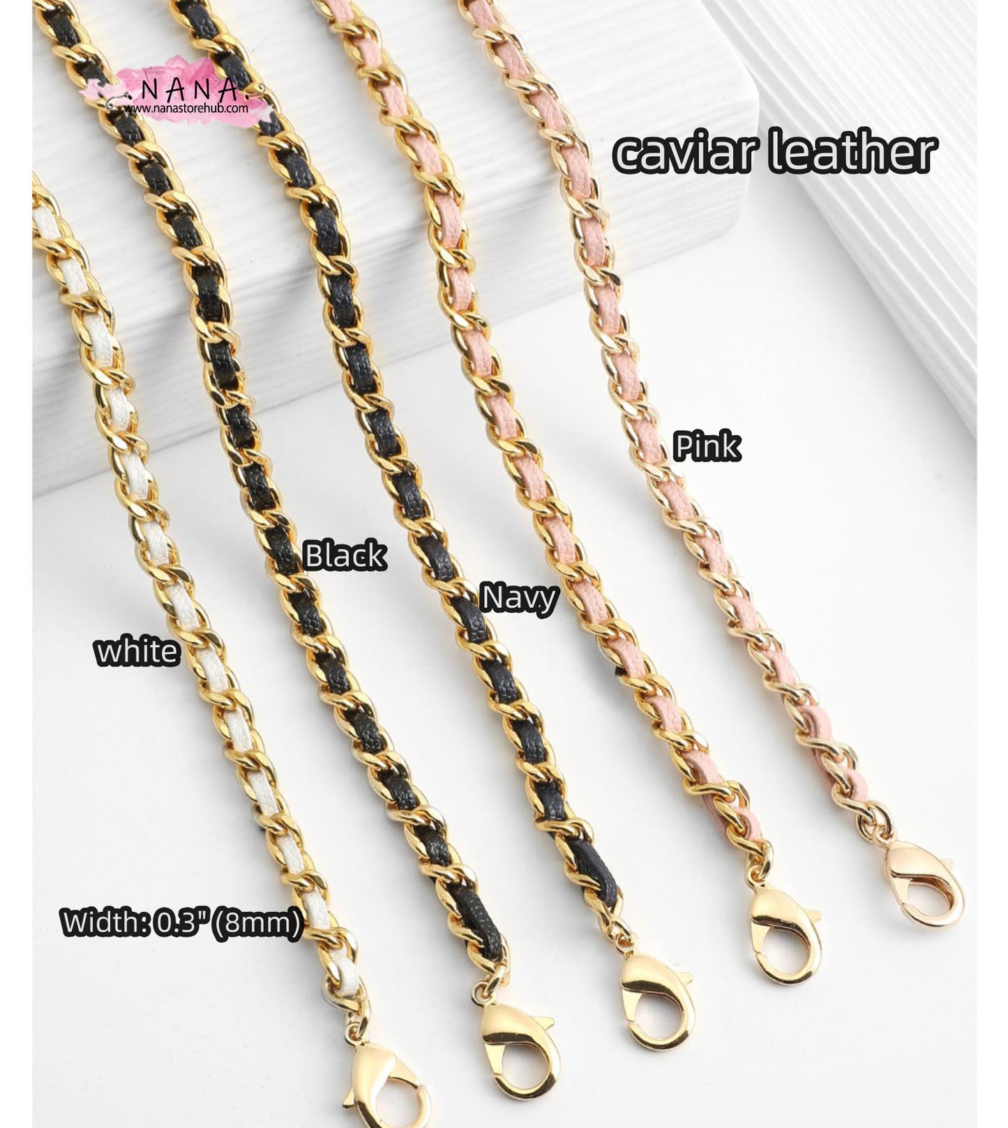 Premium 24K Gold-Plated Purse Chain, 8mm Copper and Caviar Leather Strap, Elegant Shoulder Handbag Accessory in 5 Colors, JD-65