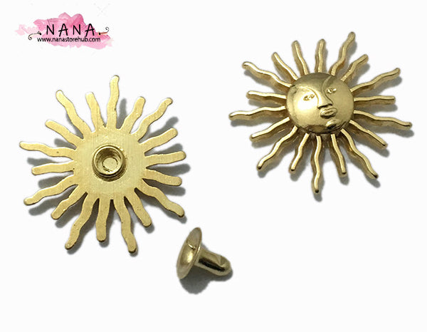 PACK of 100 Metal Gold Sun face star Rivets Studs Leather Studs Leather Craft Decorative Rivet, M-327