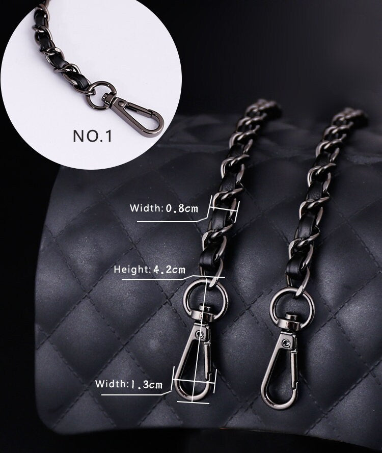 8mm Gun black Plated High Quality Purse Chain,Alloy and Leather, Metal Shoulder Handbag Strap,Bag Strap, Bag Accessories, Detachable,JD-1549