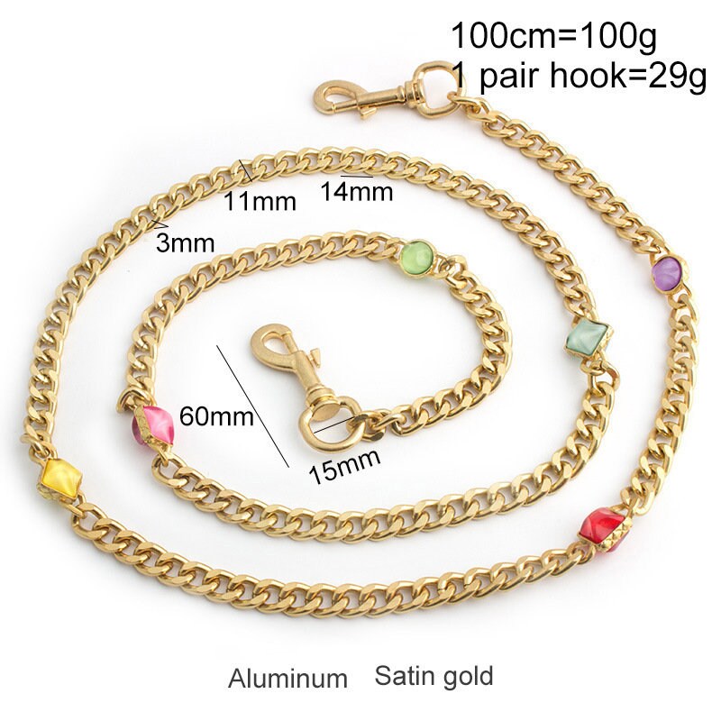 11mm Satin Gold High Quality Purse Chain,Alloy and Glass Drill, Metal Shoulder Handbag Strap,Bag Strap, Bag Accessories, JD-2382